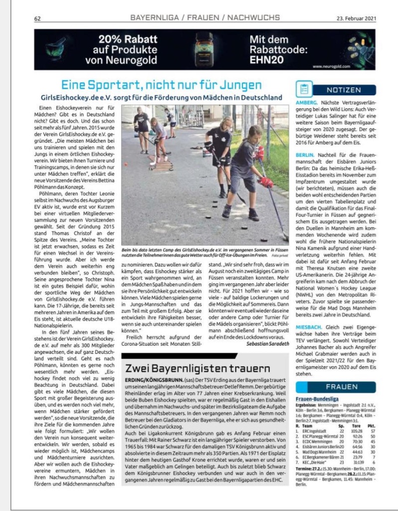 Eine Sport, nicht nur für Jungen - Die "Eishockey News" haben über Girlseishockey.de berichtet